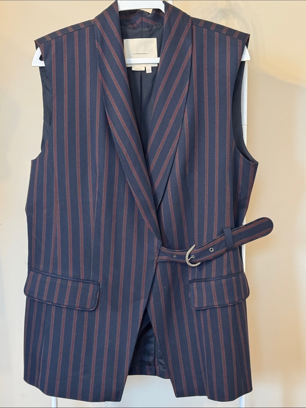 Anthropologie Navy Pinstripe Sleeveless Belted Vest - Picture 5 of 11